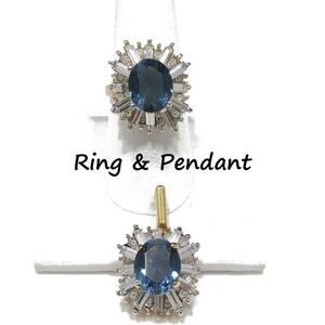 Blue & Clear Rhinestone Ring & Enhancer Pendant Set, Ring 8.25, Pendant 1 1/4 In